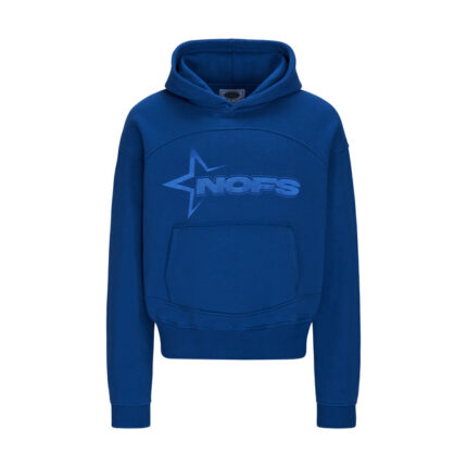 None Of Us Hoodie in koningsblauw met minimalistisch design en subtiel logo, weergegeven op een hanger.